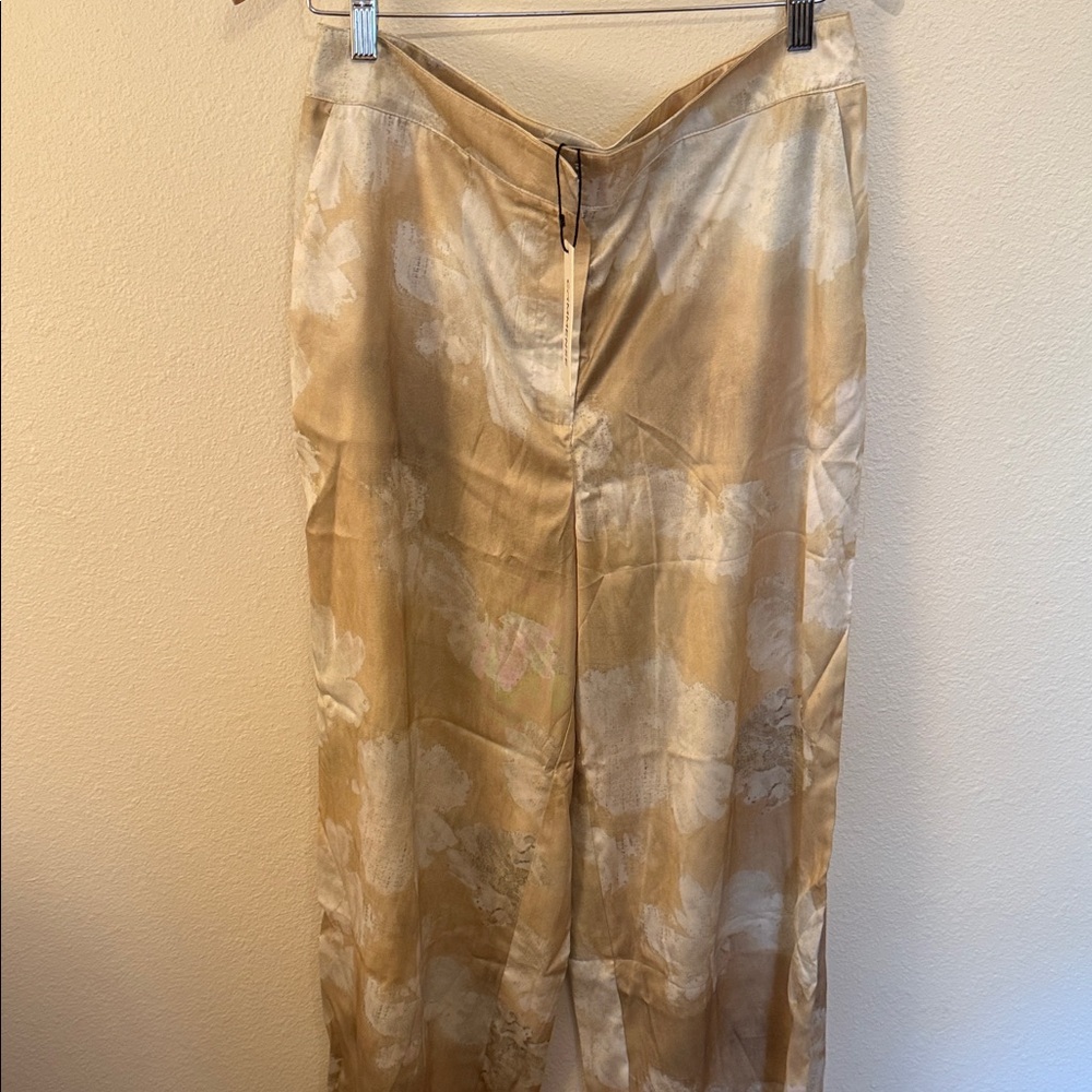 Commense Wide Leg Pants in Tan and Cream Silk Blend